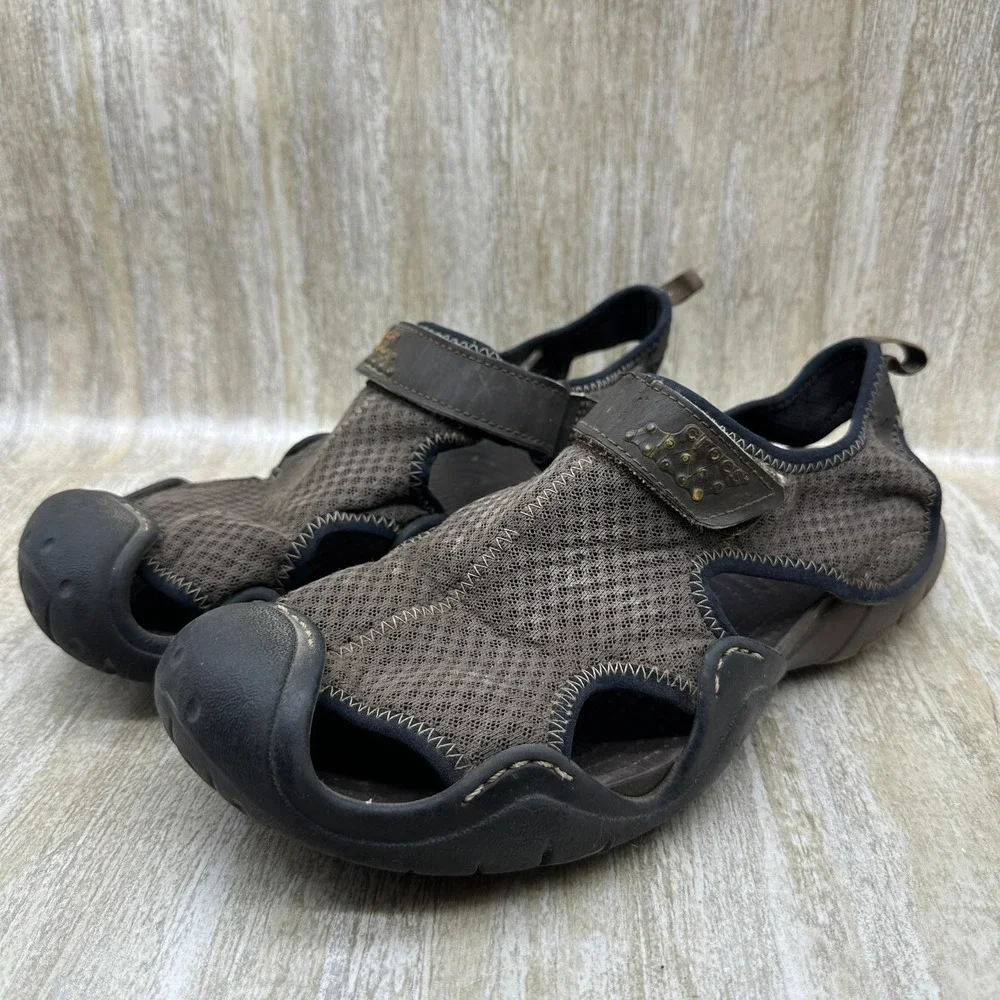 CROCS 15041 Brown SwiftWater Mesh Fisherman Deck Sandals Water Shoes Men's Sz 10
